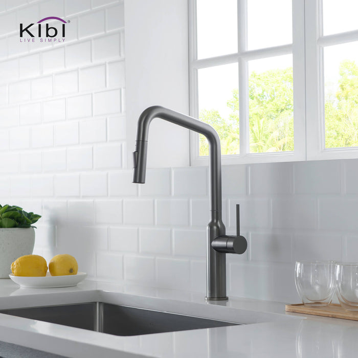 Kibi Macon Single Handle High Arc Pull Down Kitchen Faucet With Soap Dispenser in Titanium Finish - C-KKF2007TT-KSD100TT