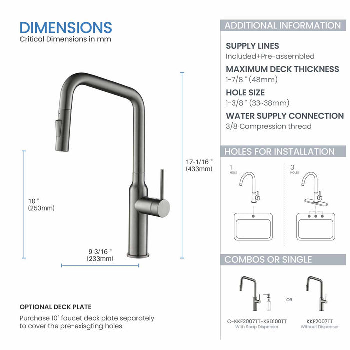 Kibi Macon Single Handle High Arc Pull Down Kitchen Faucet With Soap Dispenser in Titanium Finish - C-KKF2007TT-KSD100TT