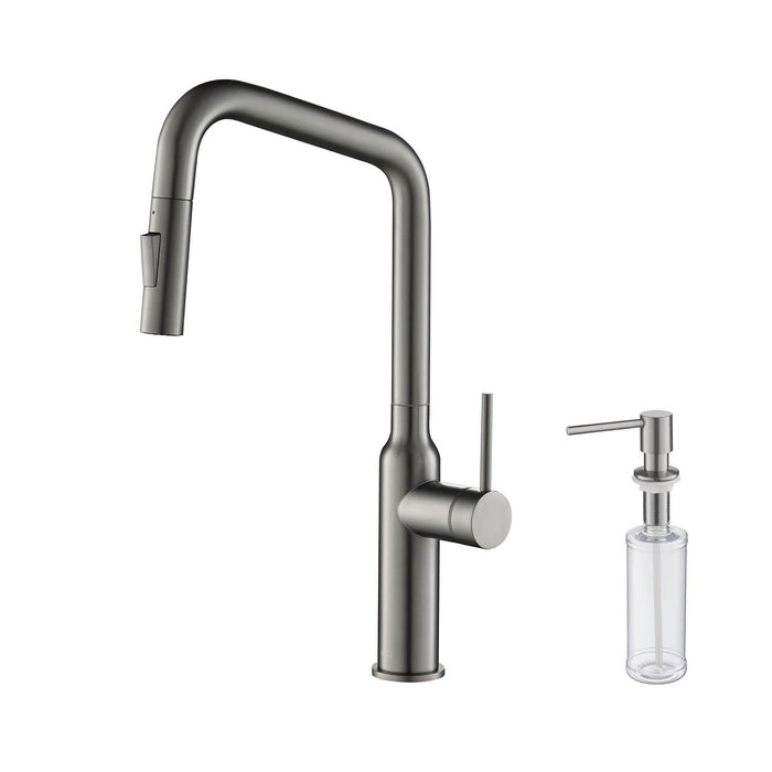 Kibi Macon Single Handle High Arc Pull Down Kitchen Faucet With Soap Dispenser in Titanium Finish - C-KKF2007TT-KSD100TT