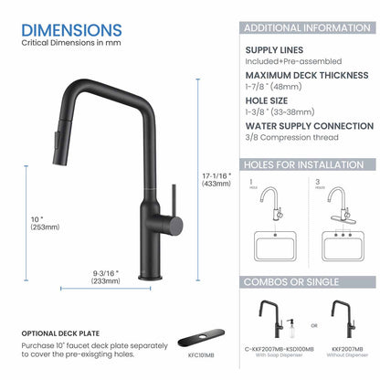 Kibi Macon Single Handle High Arc Pull Down Kitchen Faucet in Matte Black Finish - KKF2007MB