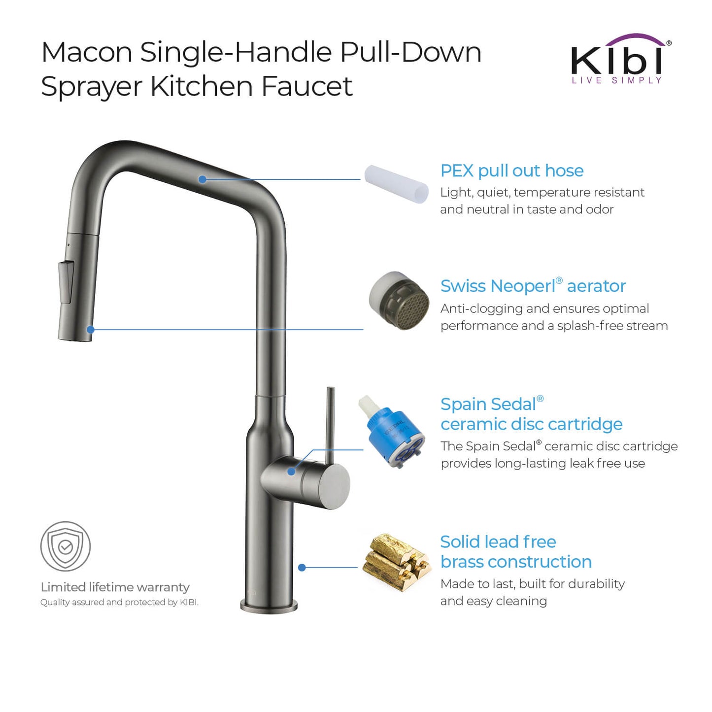 Kibi Macon Single Handle High Arc Pull Down Kitchen Faucet in Titanium Finish - KKF2007TT