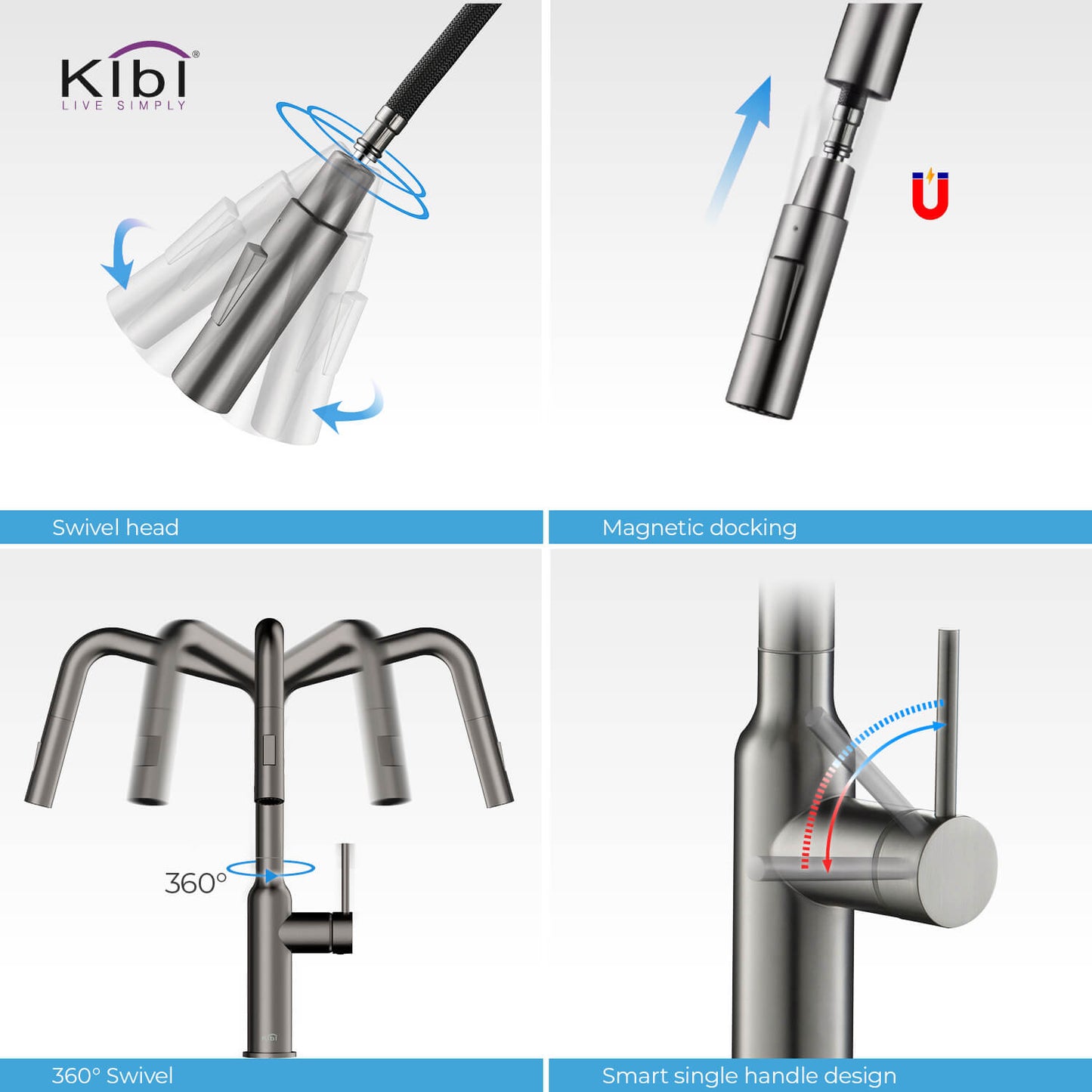 Kibi Macon Single Handle High Arc Pull Down Kitchen Faucet in Titanium Finish - KKF2007TT