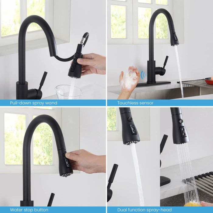 Kibi Single Handle Pull Down Kitchen Faucet With Touch Sensor In Matte Black Finish - F102MB-S