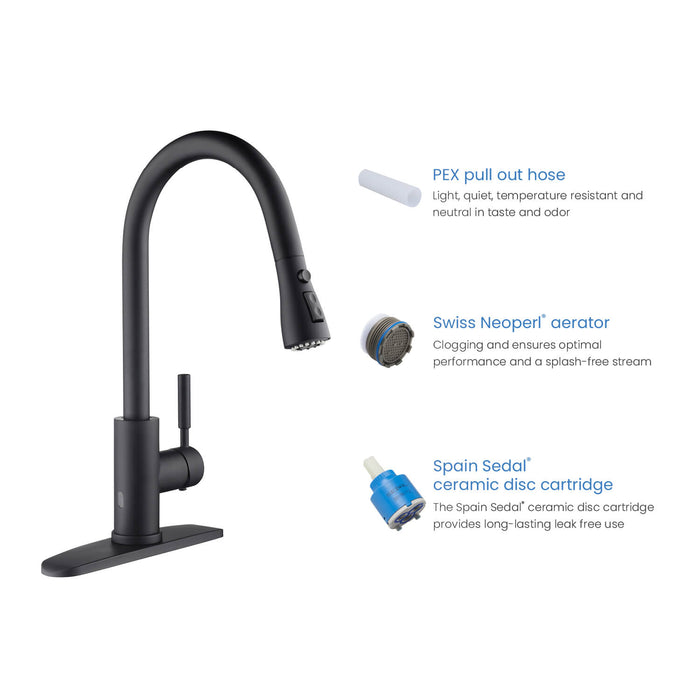 Kibi Single Handle Pull Down Kitchen Faucet With Touch Sensor In Matte Black Finish - F102MB-S