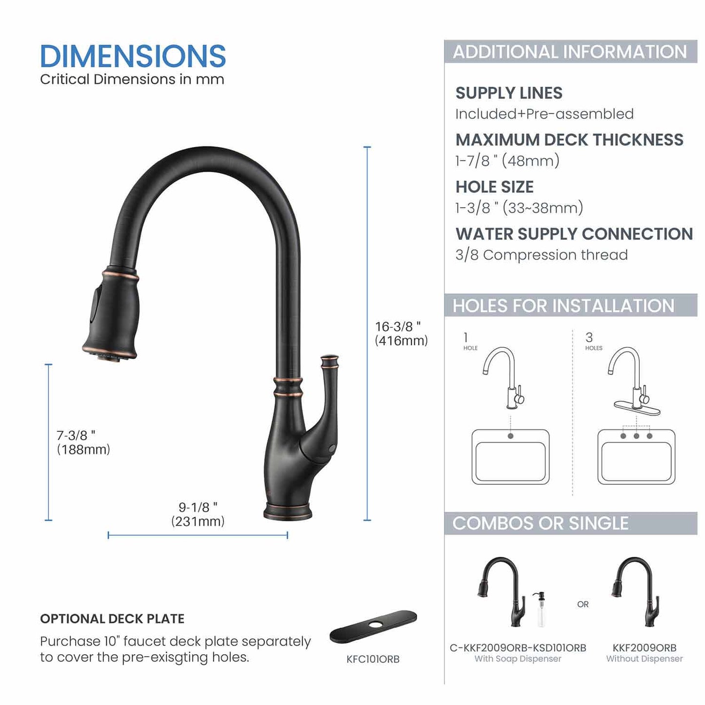 Kibi Summit Single Handle High Arc Pull Down Kitchen Faucet in Oil Rubbed Bronze Finish - KKF2009ORB
