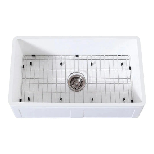 Kingston Brass 33 in. Farmhouse Apron Front Kitchen Sink with Strainer and Grid in Matte White - KGKFA331810DS