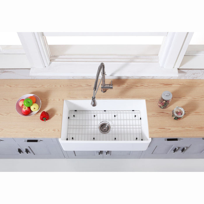 Kingston Brass 36 in. Farmhouse Kitchen Sink with Strainer and Grid, Matte White - KGKFA361810BC