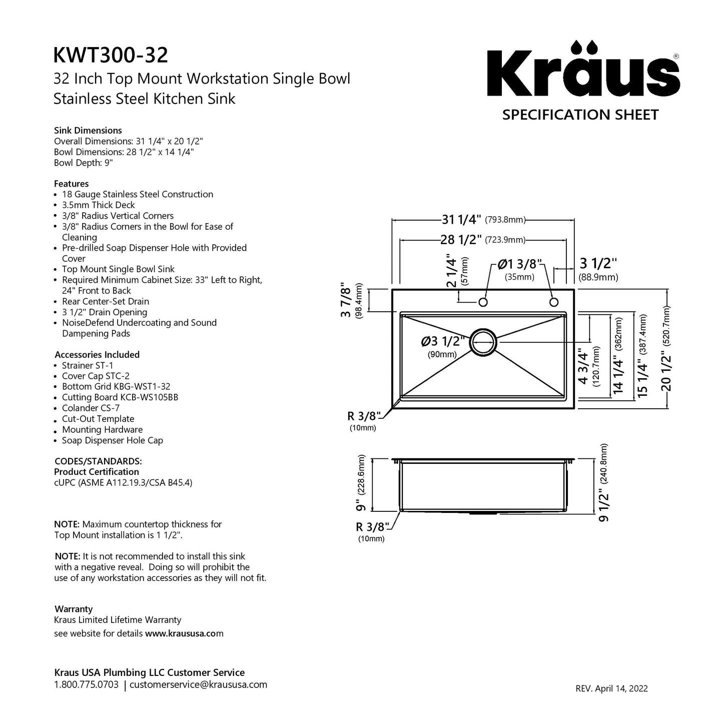 Kraus 32" Drop in Workstation Kitchen Sink -KWT300-32