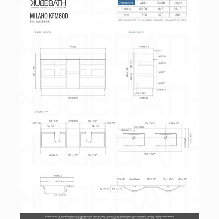 KubeBath Milano 60 in. Double Sink Modern Bathroom Vanity with Color Options - KFM60D-GW
