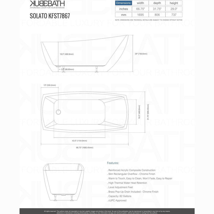 KubeBath Solato 67 in. Free Standing Bathtub in White - KFST7867