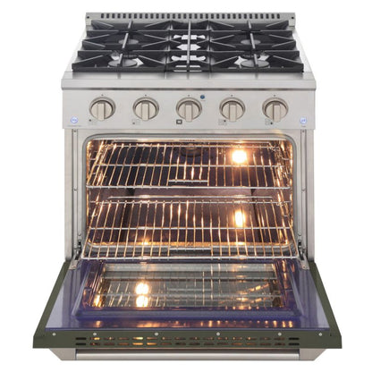 GREE 30 Inch Pro-Style KDF Series Liquid Propane Gas Stainless Steel Dual Fuel Range with Olive Green Oven Door - KDF302/LP-OG