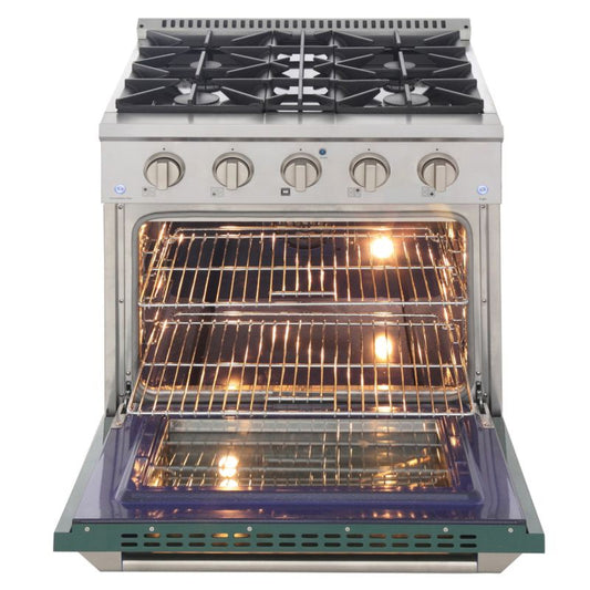 GREE Kucht 30 Inch Pro-Style KDF Series Natural Gas Stainless Steel Dual Fuel Range with Green Oven Door - KDF302-G