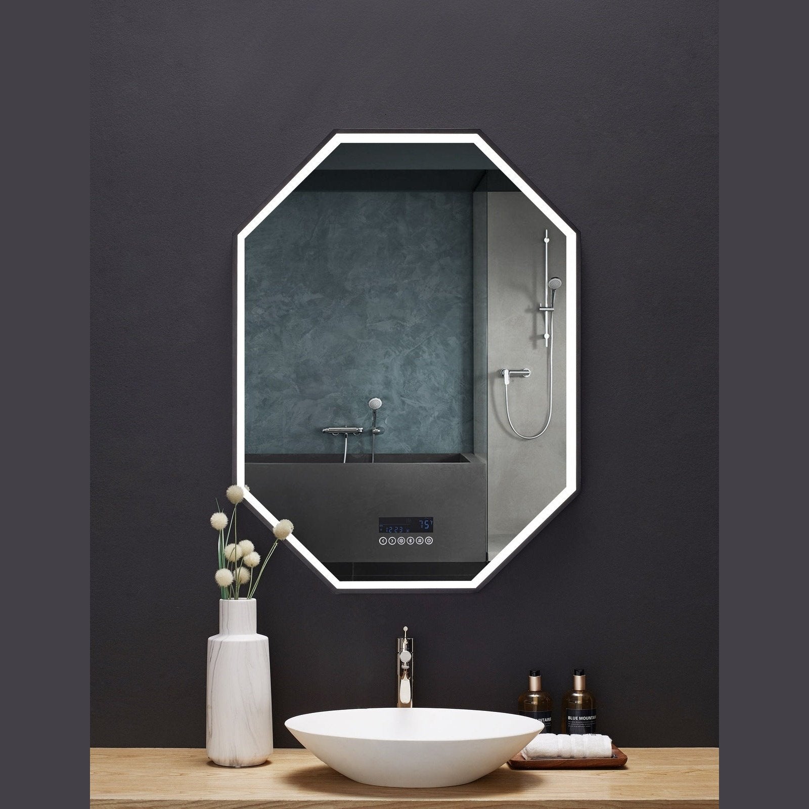 Ancerre Otto LED Octagon Black Framed Lighted Bathroom Vanity Mirror with Bluetooth and Digital Display - LEDM-OTTO-24