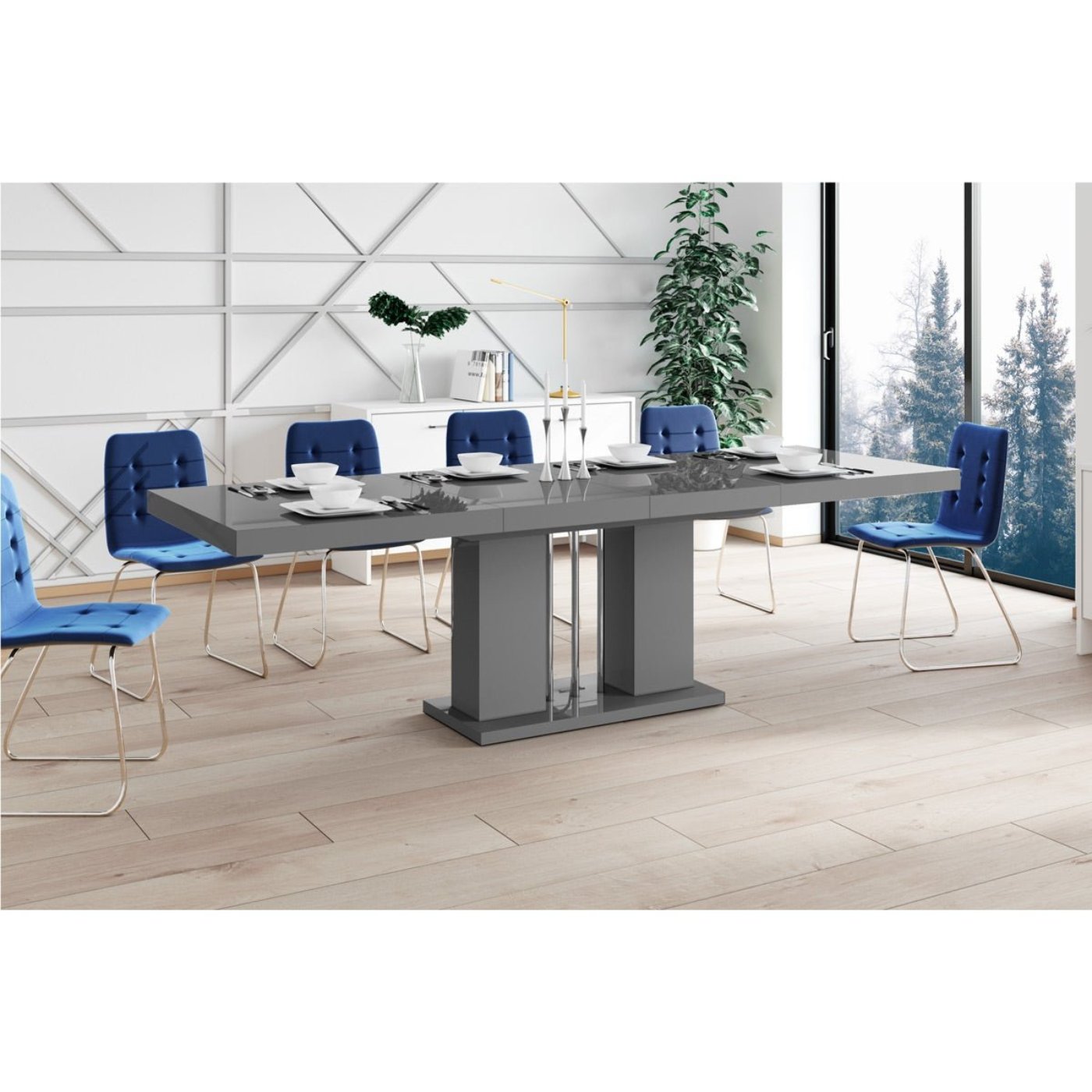 Maxima House Dining Set NOSSA 7 pcs. gray modern glossy Dining Table with 2 self-starting leaves plus 6 chairs - HU0073K-321B