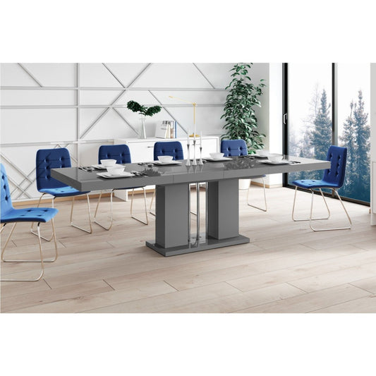 Maxima House Dining Set NOSSA 7 pcs. gray modern glossy Dining Table with 2 self-starting leaves plus 6 chairs - HU0073K-321B