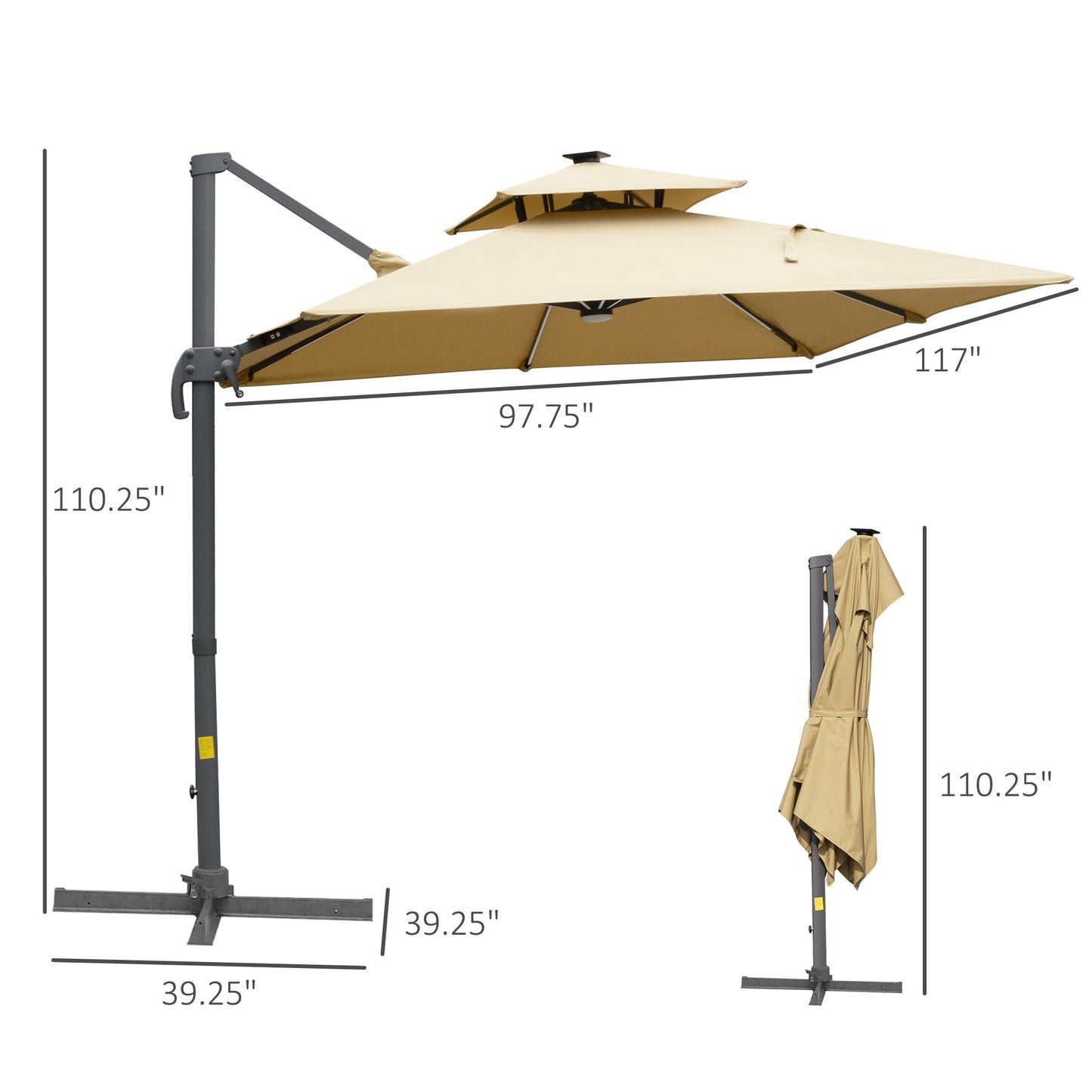 Outsunny 10ft. Solar LED Cantilever Umbrella, Offset Hanging Umbrella with 360¡ãRotation, Cross Base, 8 Ribs, Tilt and Crank for Yard, Khaki - 84D-184V01KK