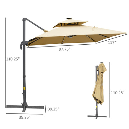 Outsunny 10ft. Solar LED Cantilever Umbrella, Offset Hanging Umbrella with 360¡ãRotation, Cross Base, 8 Ribs, Tilt and Crank for Yard, Khaki - 84D-184V01KK