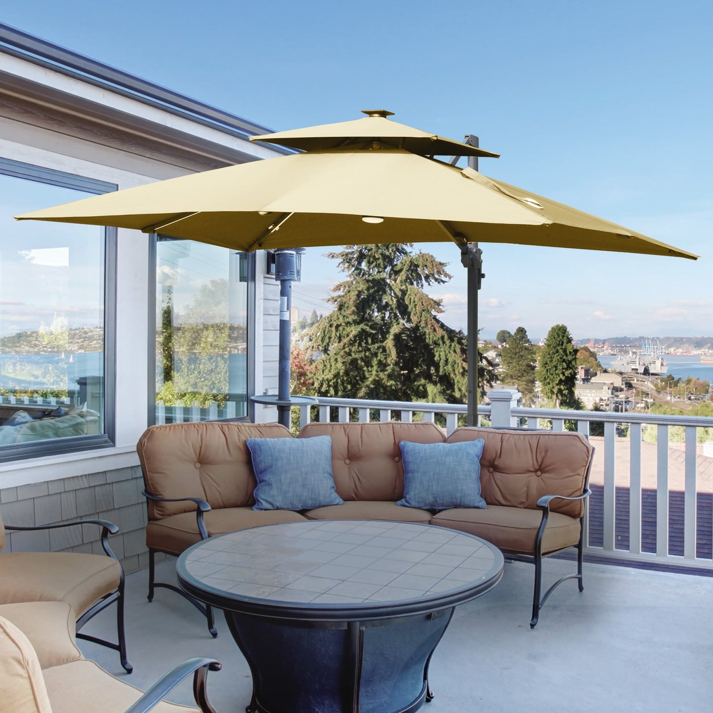 Outsunny 10ft. Solar LED Cantilever Umbrella, Offset Hanging Umbrella with 360¡ãRotation, Cross Base, 8 Ribs, Tilt and Crank for Yard, Khaki - 84D-184V01KK