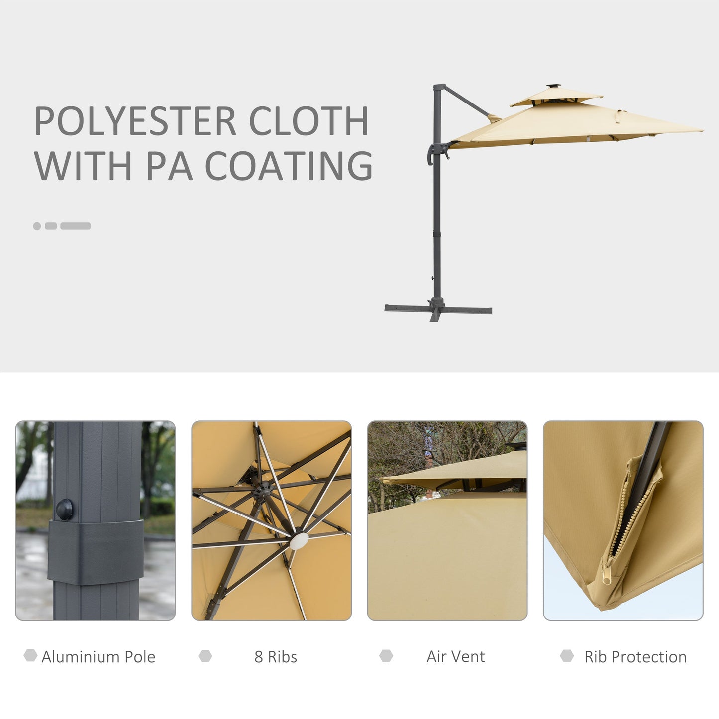 Outsunny 10ft. Solar LED Cantilever Umbrella, Offset Hanging Umbrella with 360¡ãRotation, Cross Base, 8 Ribs, Tilt and Crank for Yard, Khaki - 84D-184V01KK