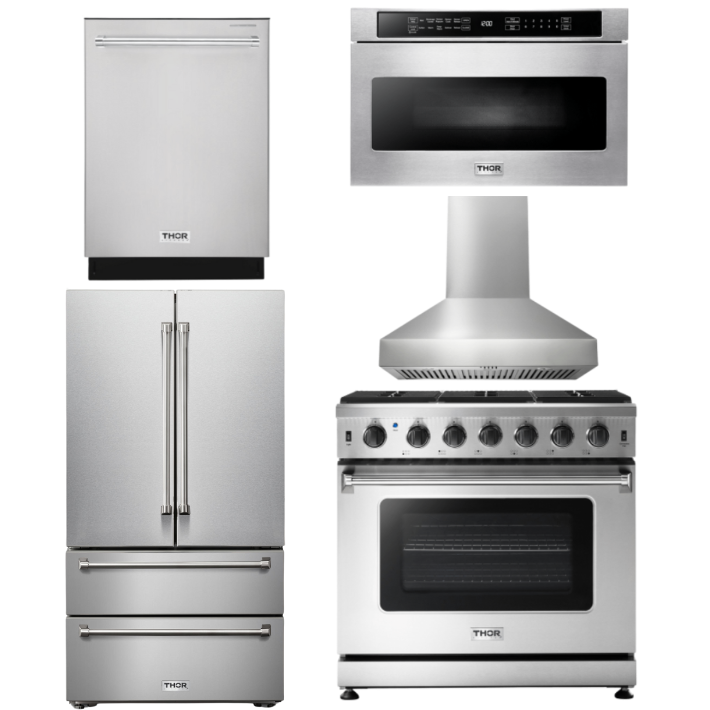 Thor Kitchen Package - 36 Inch Gas Range, Range Hood, Microwave, Refrigerator, Dishwasher,  - AP-LRG3601U-W-5
