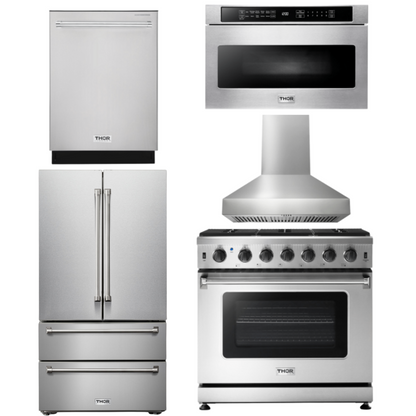Thor Kitchen Package - 36 Inch Gas Range, Range Hood, Microwave, Refrigerator, Dishwasher,  - AP-LRG3601U-W-5