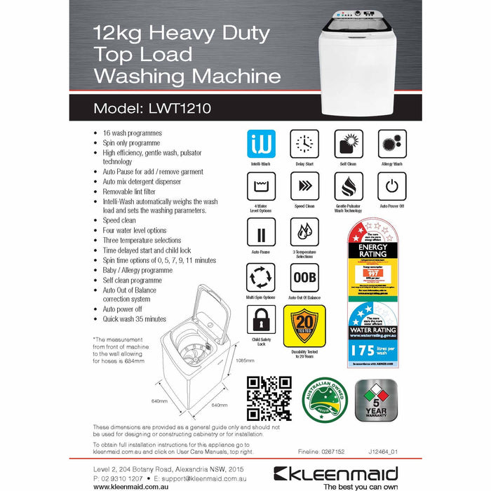 Kleenmaid LWT1210 Heavy Duty 12Kg Top Loader Washing Machine