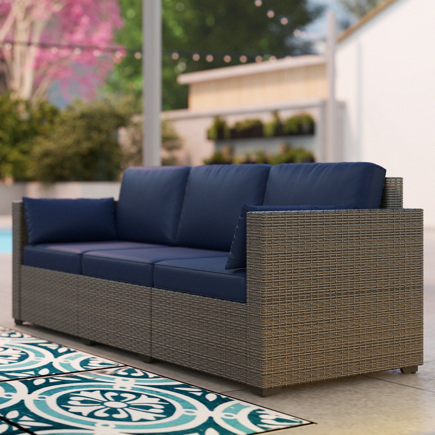 Outsunny 3-Seater PE Wicker Outdoor Sofa with Deep Seating & Removable Cushions, Navy Blue - 860-308V00BN