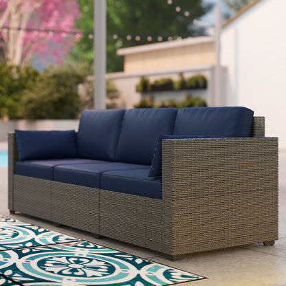 Outsunny 3-Seater PE Wicker Outdoor Sofa with Deep Seating & Removable Cushions, Navy Blue - 860-308V00BN