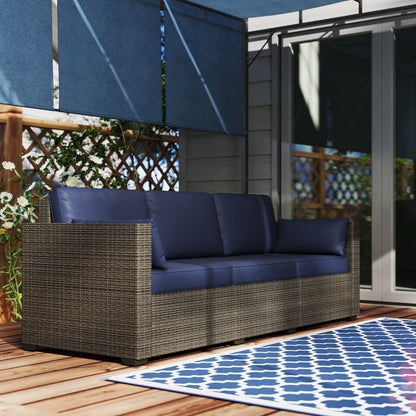 Outsunny 3-Seater PE Wicker Outdoor Sofa with Deep Seating & Removable Cushions, Navy Blue - 860-308V00BN