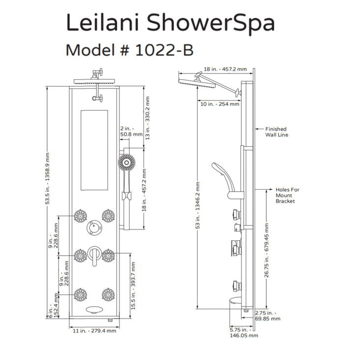 Pulse Showerspas Black Glass Shower Panel - Leilani Showerspa 1022-B