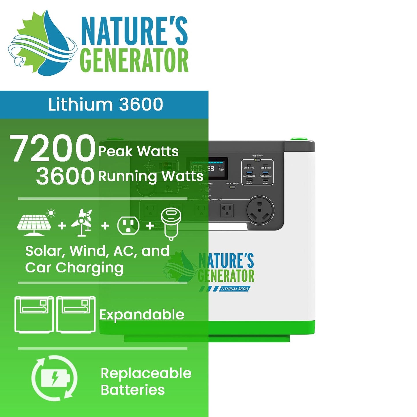 Nature's Generator Lithium 3600 Power Station - NGLGN36