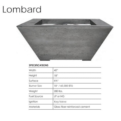 Lombard Fire Table Specs