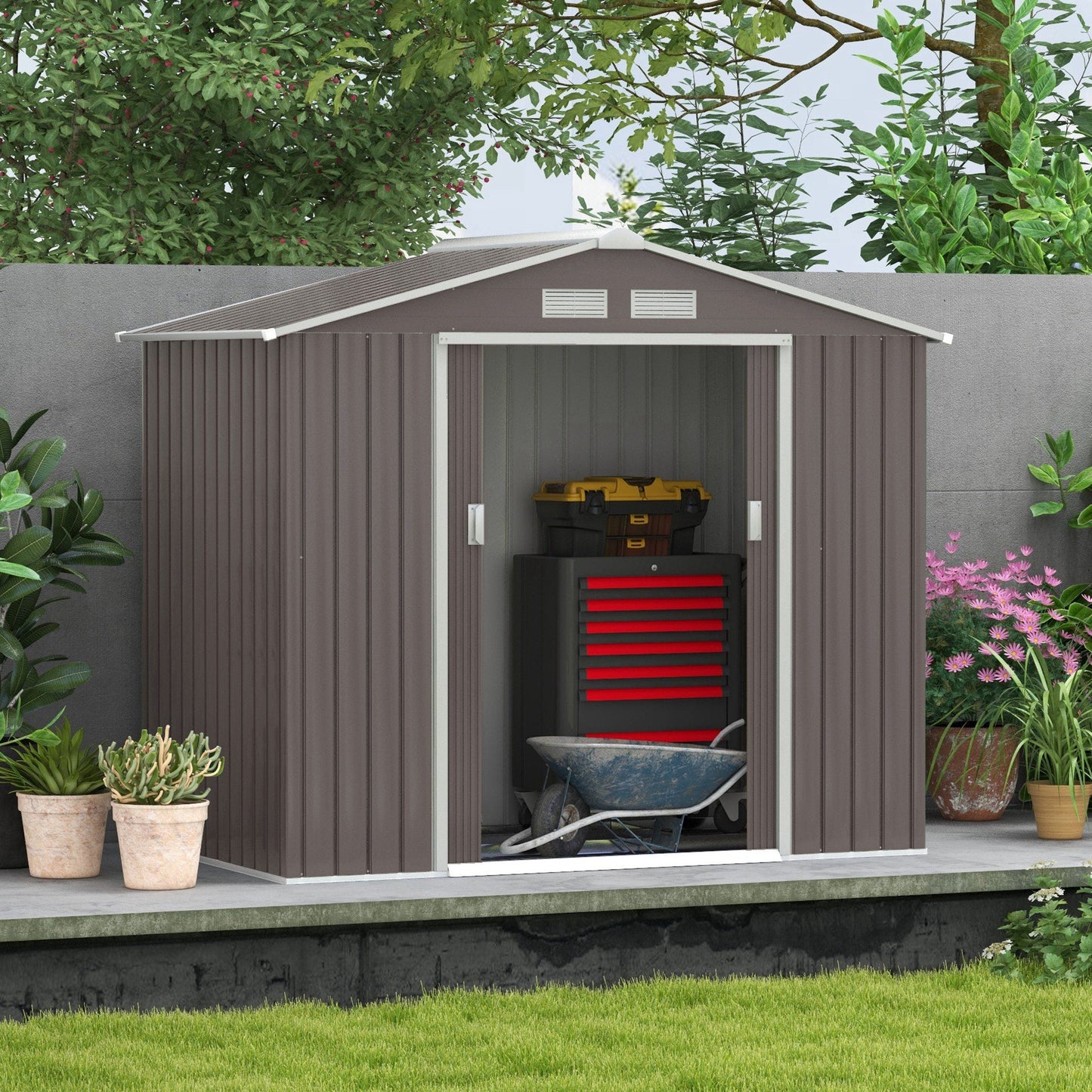 Outsunny EverBase 7' x 4' Outdoor Storage Shed with Foundation Kit, Double Lockable Door & Air Vents, Gray - ockable Door & Air Vents, Gray