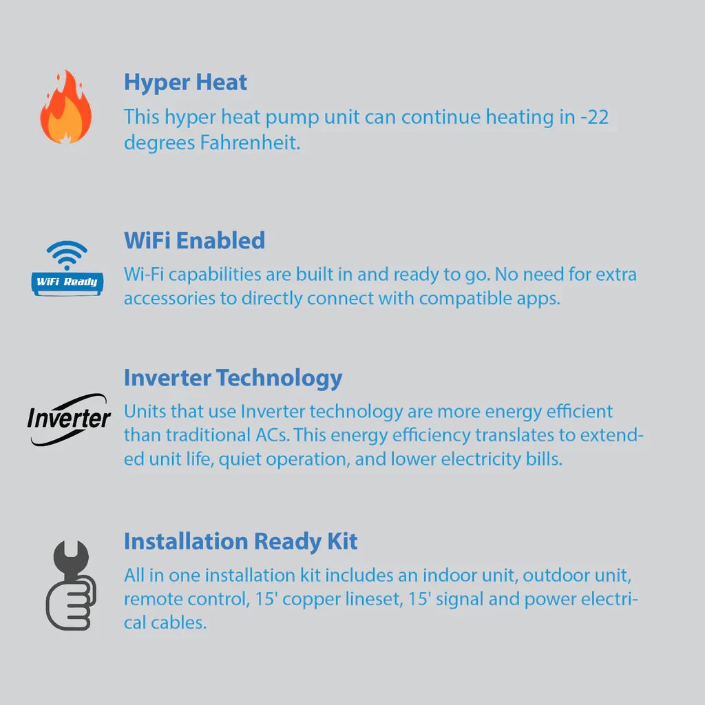 Air-Con Blue Hyper 12000 BTU 24 SEER Hyper Heat Mini Split Air Conditioner 15ft Lineset & Wiring