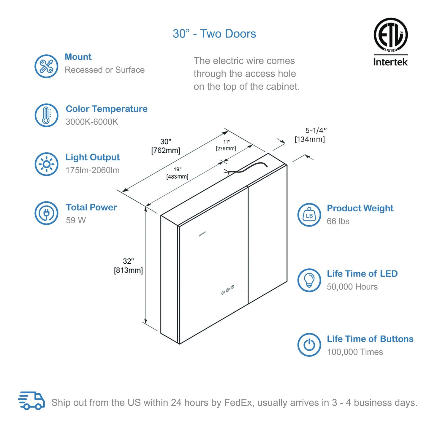 Blossom Sirius – 30 Inches LED Medicine Cabinet with Clock - MCL3 3032