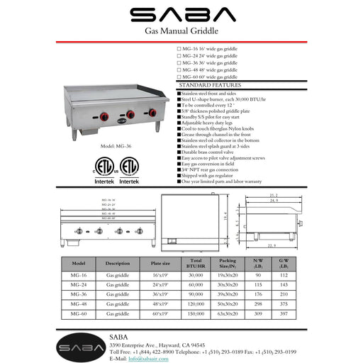 SABA MG-36 - Commercial Manual Griddle - MG-36