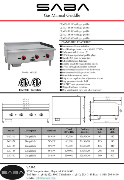SABA  Commercial Manual Griddle - MG-60