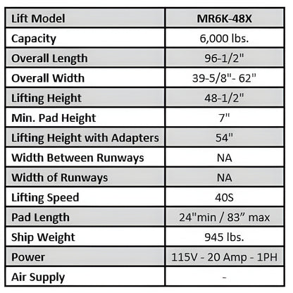 Tuxedo  6,000 lb Mid-Rise Scissor Lift - MR6K-48X