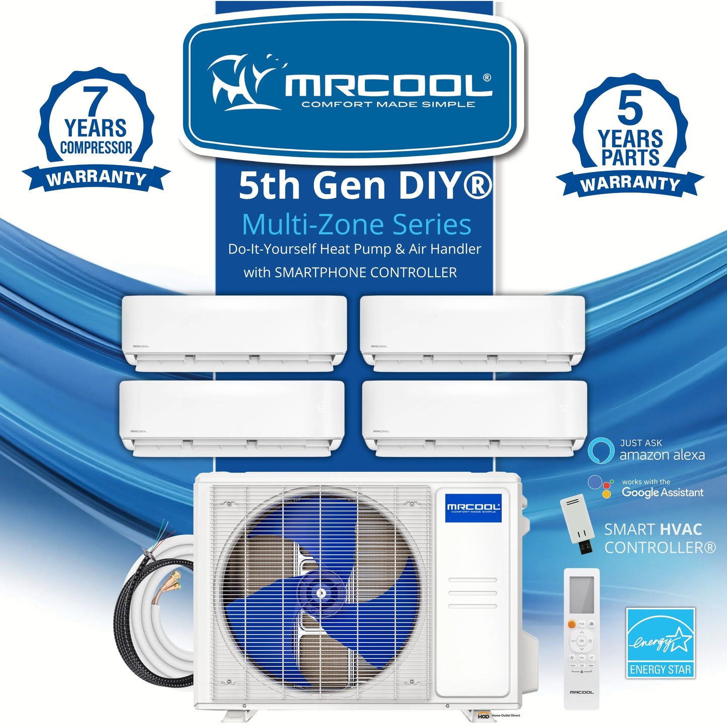 MRCOOL DIY 5th Gen Mini Split - 4-Zone 36,000 BTU Ductless Air Conditioner and Heat Pump Condenser with 9K + 9K + 9K + 9K Wall Mount Air Handlers - DIY5-4Z-36HP-9K9K9K9K
