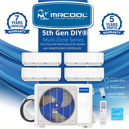 MRCOOL DIY 5th Gen Mini Split - 4-Zone 36,000 BTU Ductless Air Conditioner and Heat Pump Condenser with 12K + 9K + 9K + 9K Wall Mount Air Handlers - DIY5-4Z-36HP-12K9K9K9K