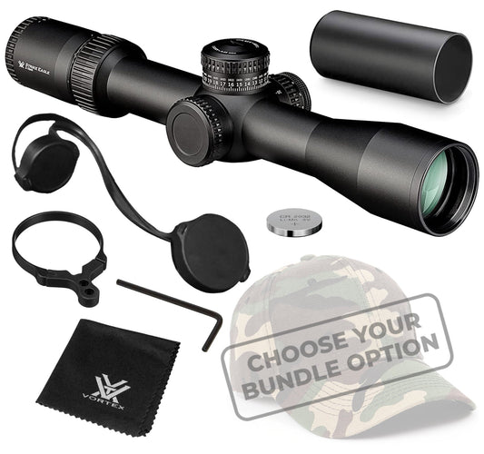 Vortex Optics Strike Eagle 3-18x44 FFP EBR-7C MOA 34mm Tube Riflescope (SE-31801) with Included Bundle - SE-31801_Hat-CD