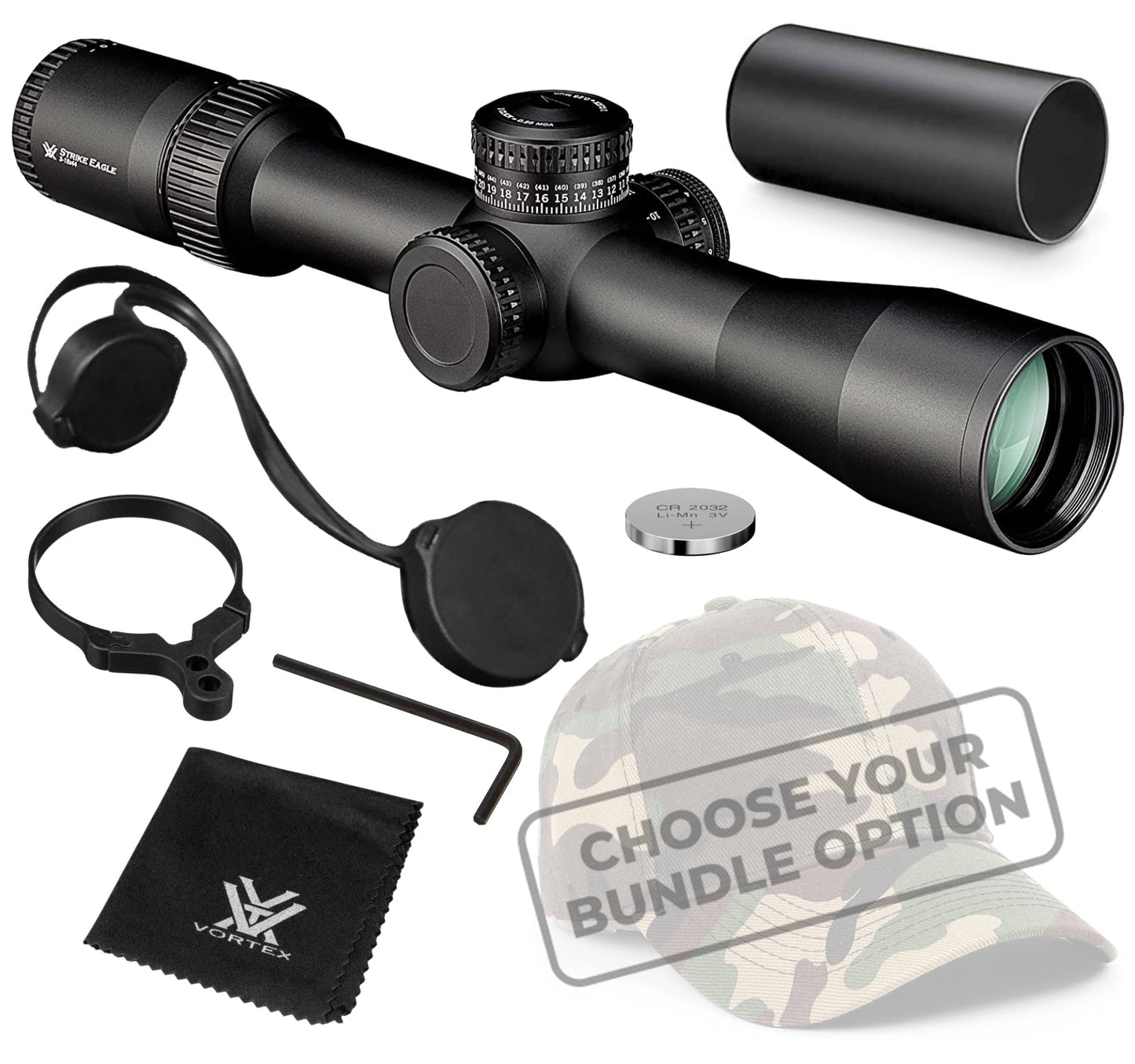 Vortex Optics Strike Eagle 3-18x44 FFP EBR-7C MOA 34mm Tube Riflescope (SE-31801) with Included Bundle - SE-31801_Hat-CD