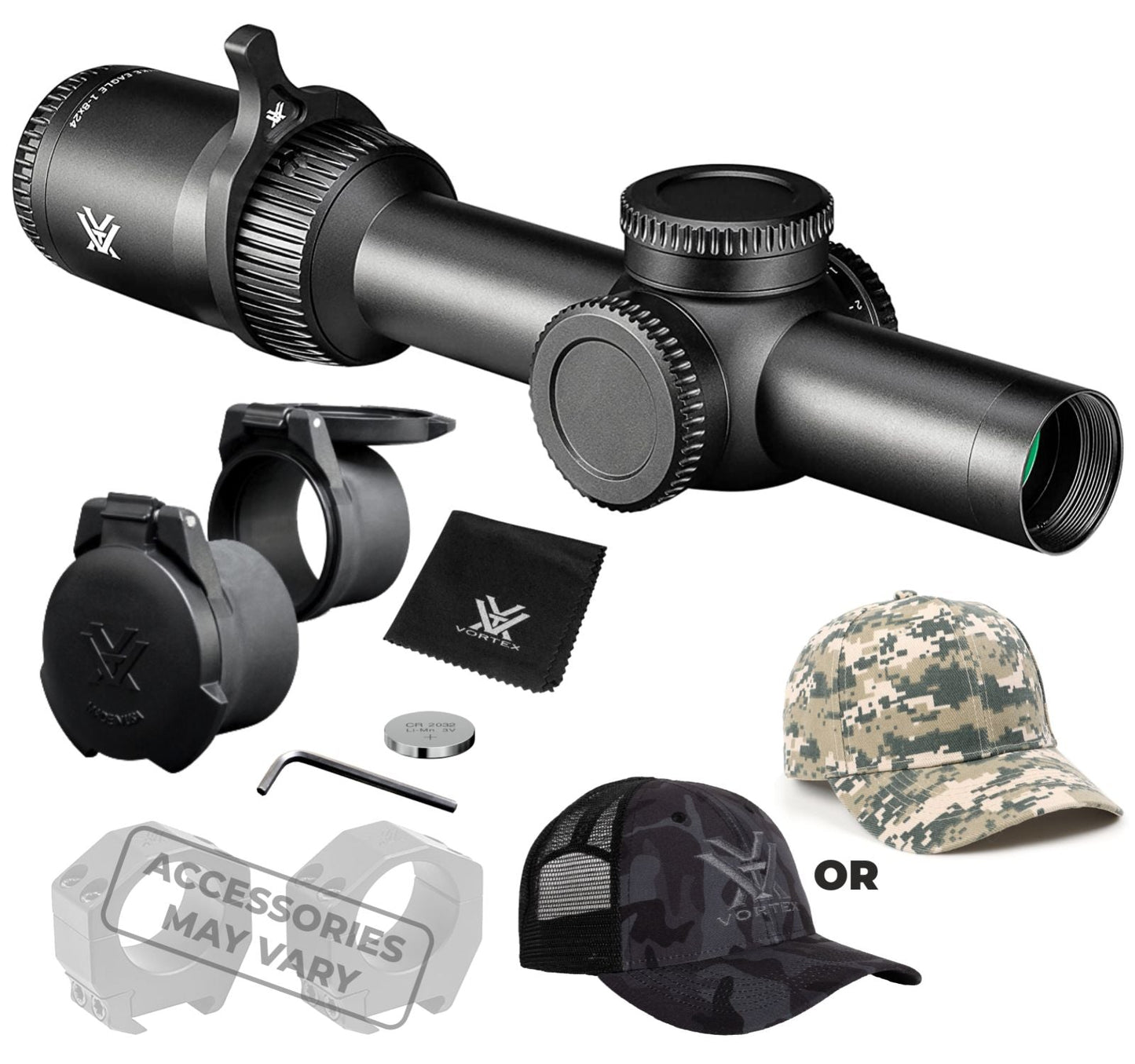 Vortex Optics Strike Eagle 1-8x24 EBR-8 MOA 30mm Riflescope with Vortex Optics 30 mm Precision Matched Medium Rings (0.97in) (Picatinny or  Weaver) or with Precision Extended Cantilever Mount 30 mm and with Vortex Optics Free Hat Bundle