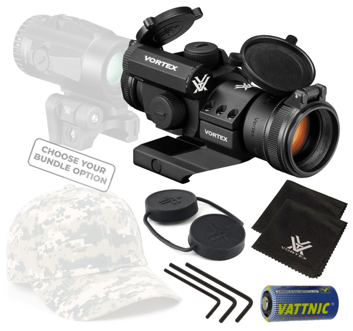 Vortex Optics Strikefire II Red/Green Dot Scope with Vortex Optics Magnifier and Free Hat Bundle - SF-RG-501_V3XM_Hat-CD