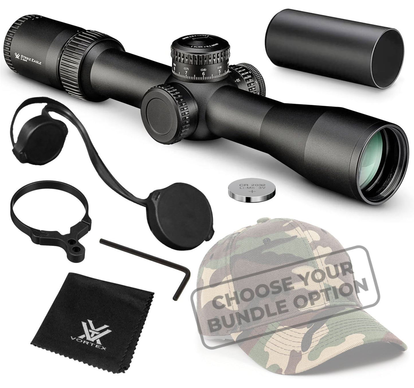 Vortex Optics Strike Eagle 3-18x44 FFP EBR-7C (MRAD) 34mm Tube Riflescope (SE-31802) with Included Bundle -SE-31802_Hat-CD