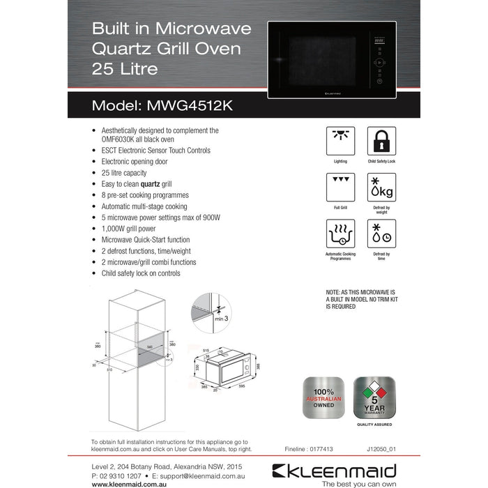 Kleenmaid MWG4512K 25 Litre Built-in Microwave Quartz Grill Oven