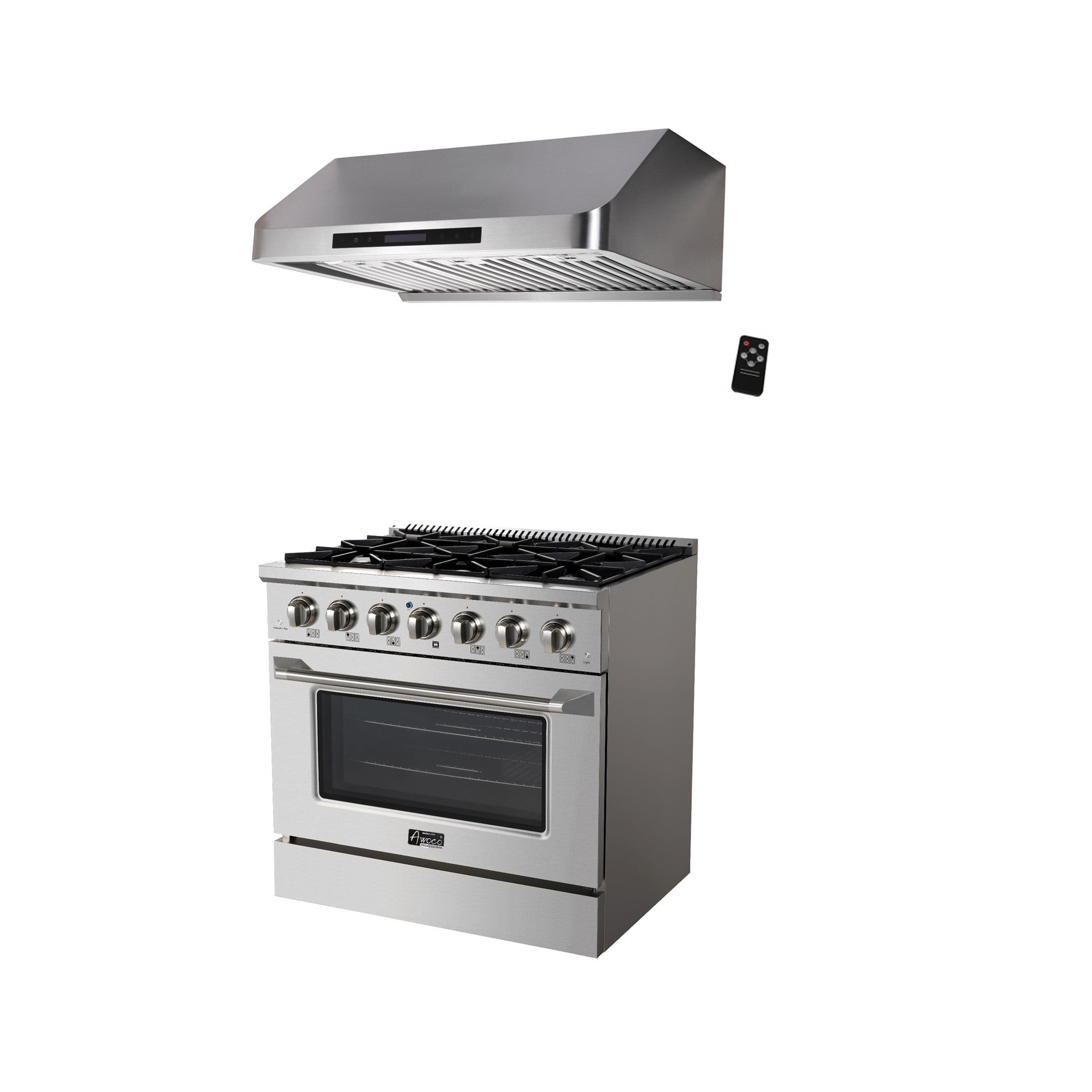 Combo Awoco 36” Freestanding 6 Burners Range with 36'' RH-S10-36E Under Cabinet Range Hood - JK36A1-T-NG+RH-S10-36E
