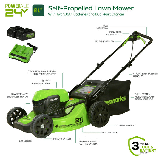 Greenworks 48V (24V x 2) 21" Cordless Battery Push Mower 3PC Combo Kit w/ (2) 5.0Ah Batteries,(1) 2.0Ah Battery,(1) Dual Port Rapid Charger & (1) 2A Charger - 1366402