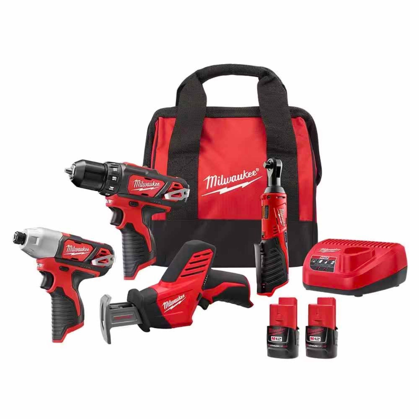 Milwaukee 2497-24B M12 12V Lithium-Ion Cordless Combo Kit (4-Tool) w/(2) 1.5Ah Batteries, (1) Charger, (1) Tool Bag - 760901