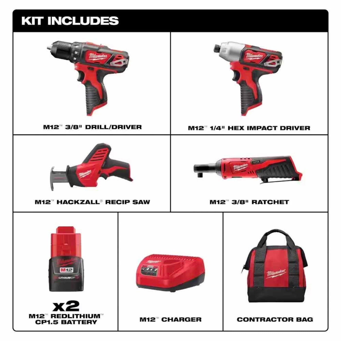 Milwaukee 2497-24B M12 12V Lithium-Ion Cordless Combo Kit (4-Tool) w/(2) 1.5Ah Batteries, (1) Charger, (1) Tool Bag - 760901
